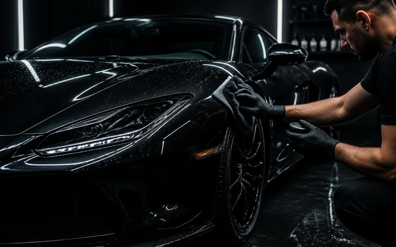 Black sports car being detailed in a dark studio representing the AutoGlow Auto Care demo project