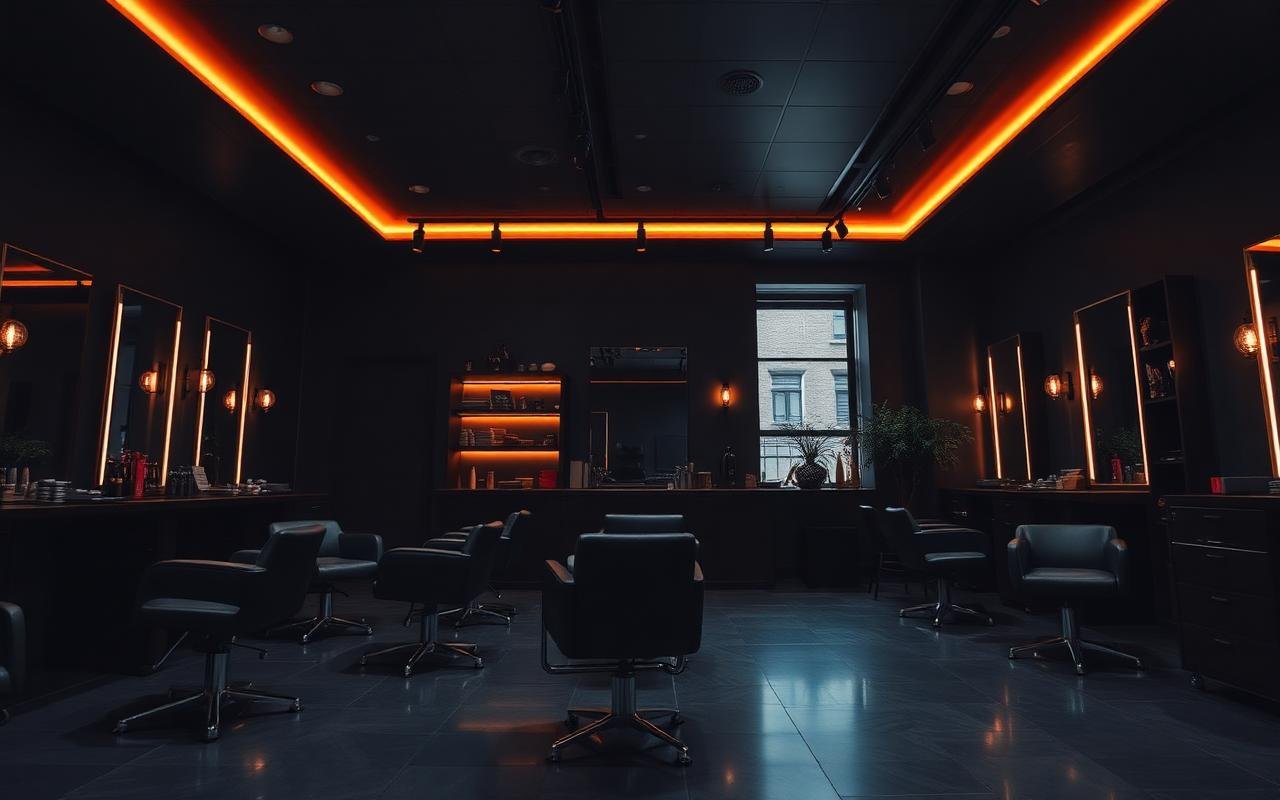 Dark, warmly lit modern hair salon interior representing the Luna Beauty Studio demo project