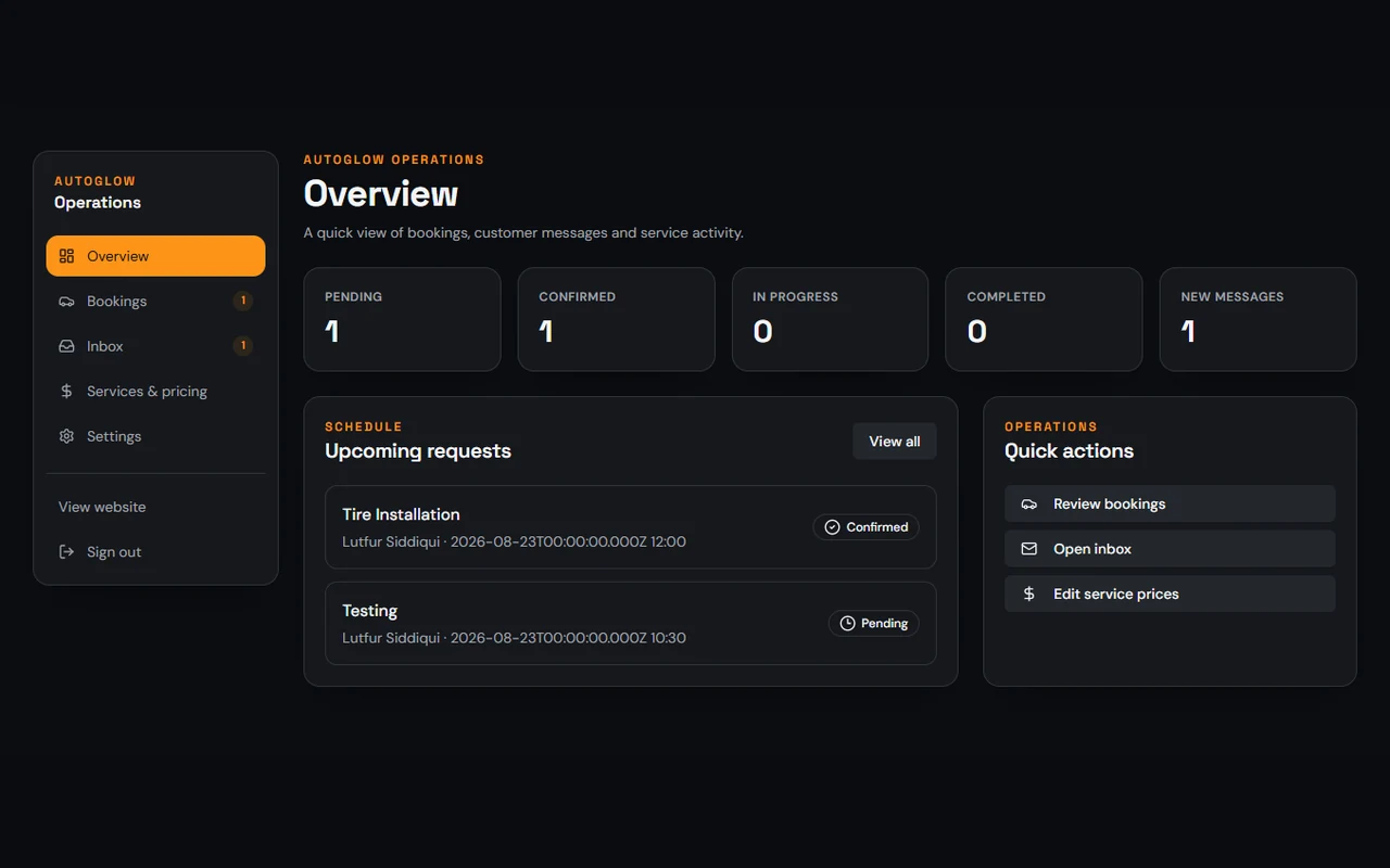 AutoGlow Auto Care admin operations dashboard