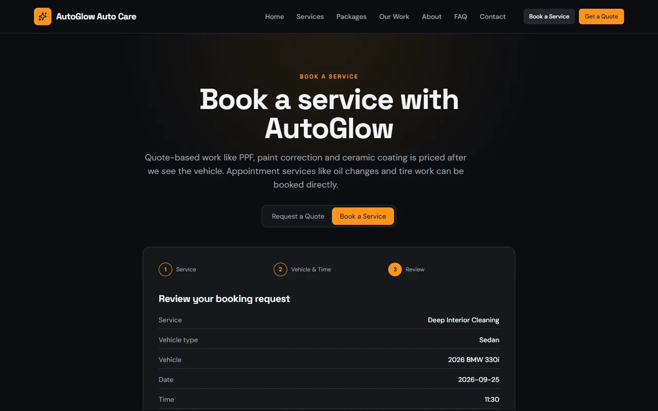 AutoGlow Auto Care booking review flow