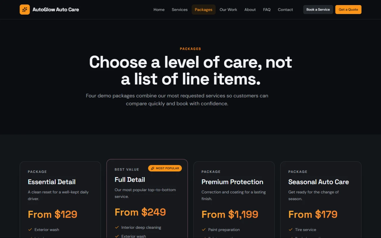 AutoGlow Auto Care packages page