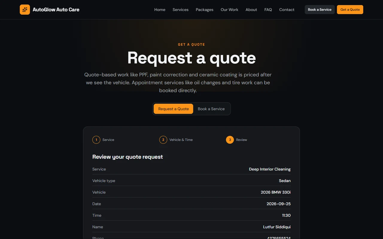 AutoGlow Auto Care quote request review flow