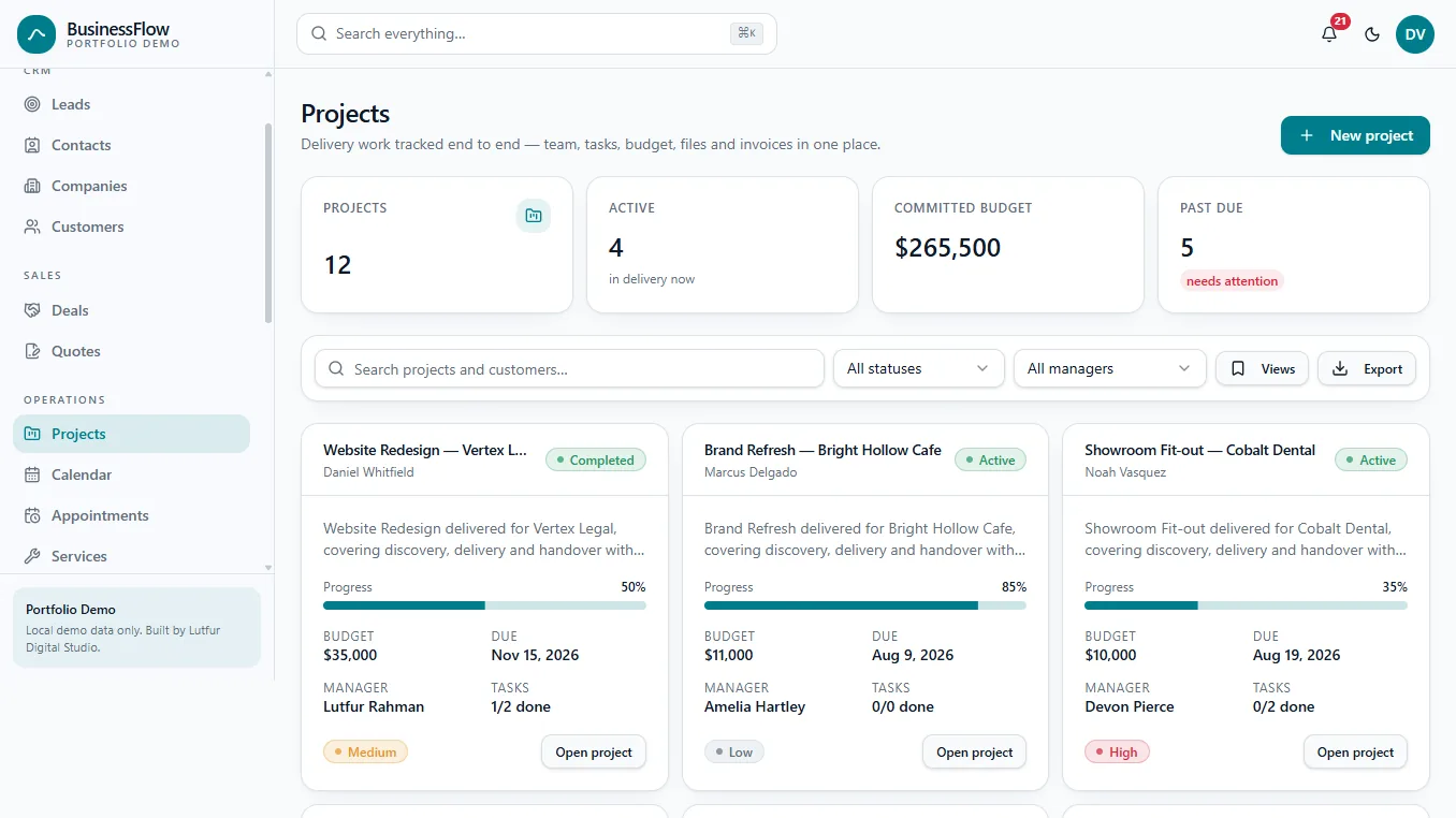 BusinessFlow project management screen
