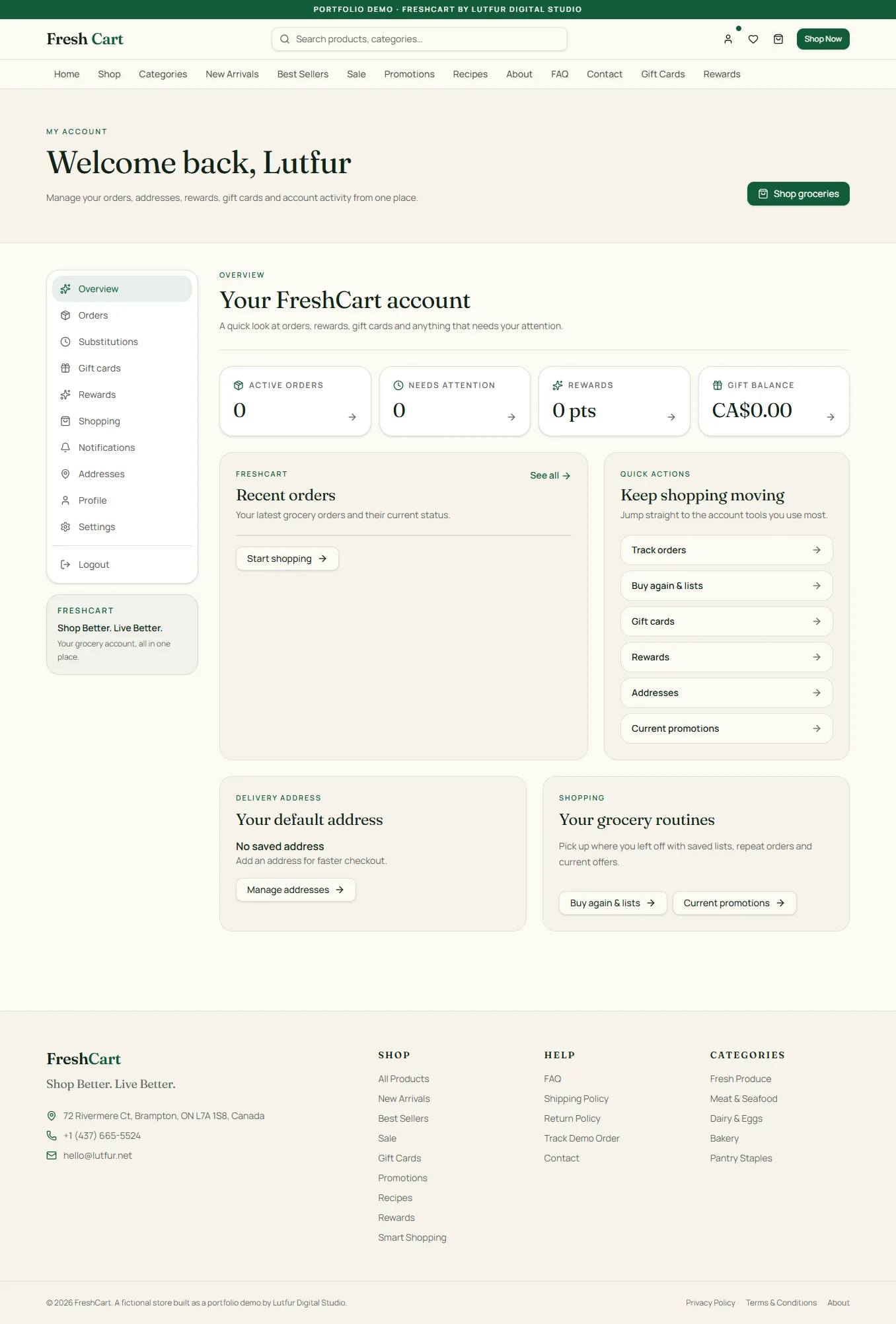 FreshCart customer account dashboard