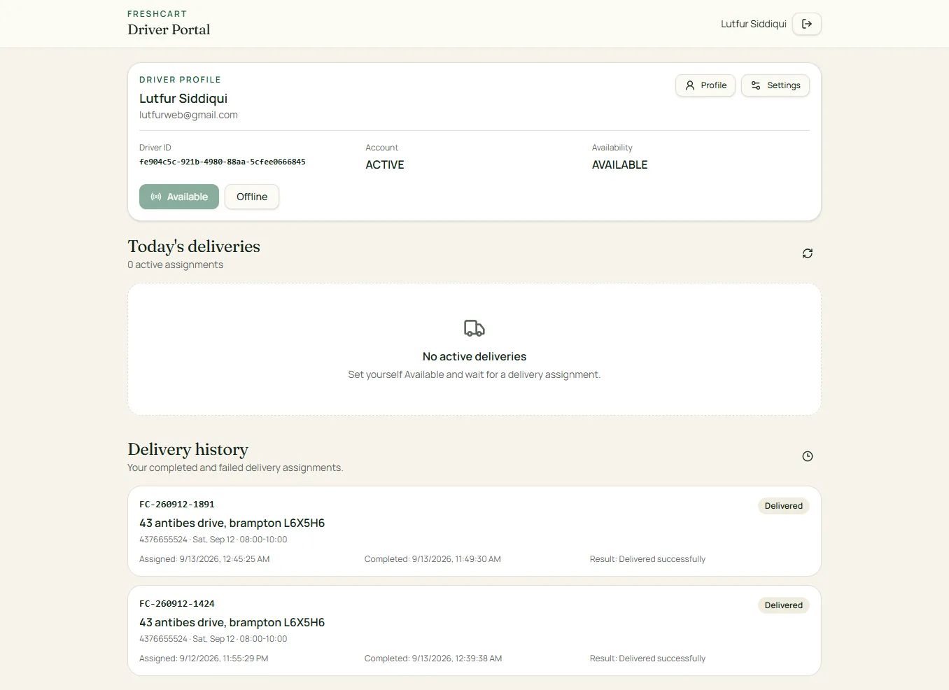 FreshCart driver portal