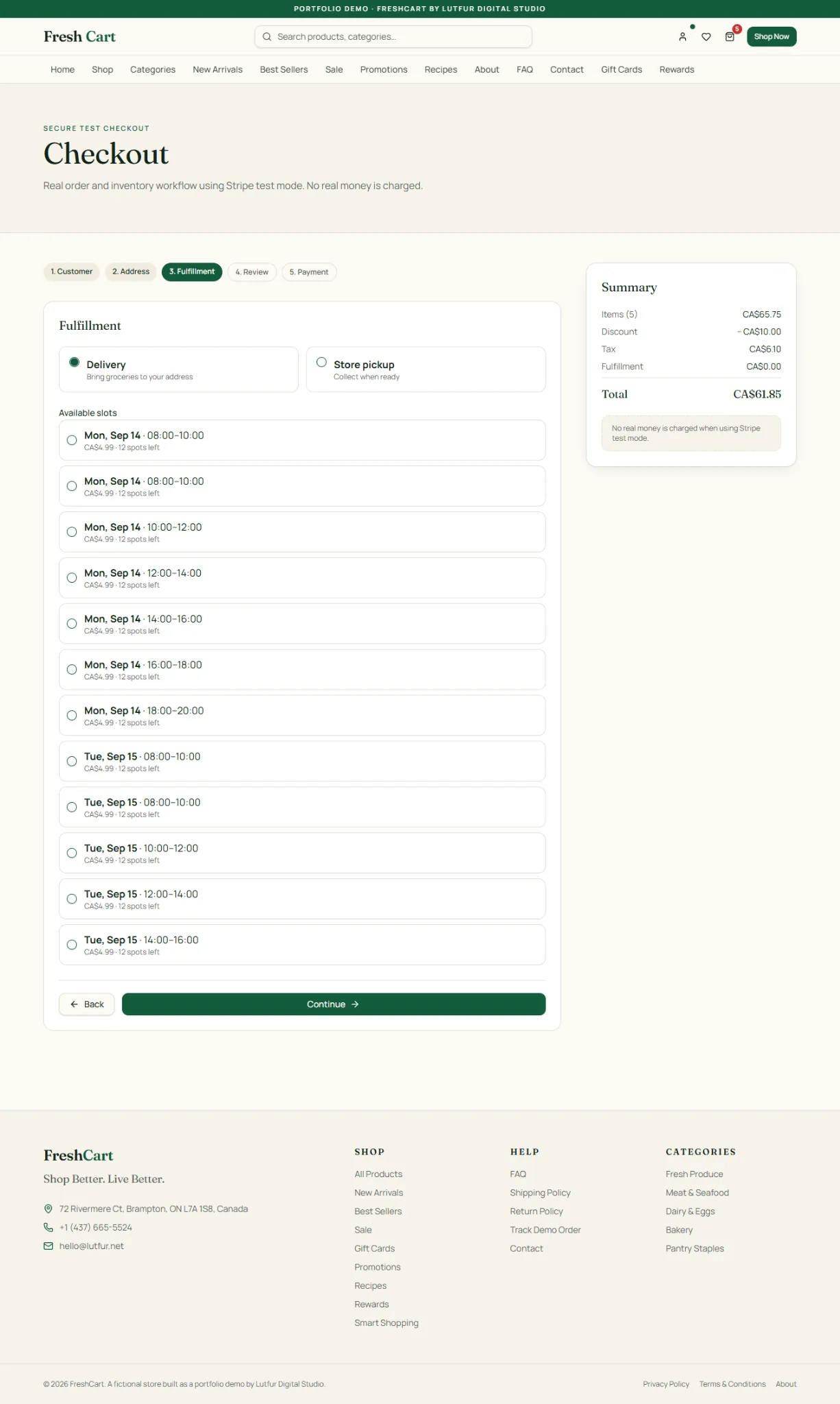 FreshCart checkout fulfillment and delivery slot selection