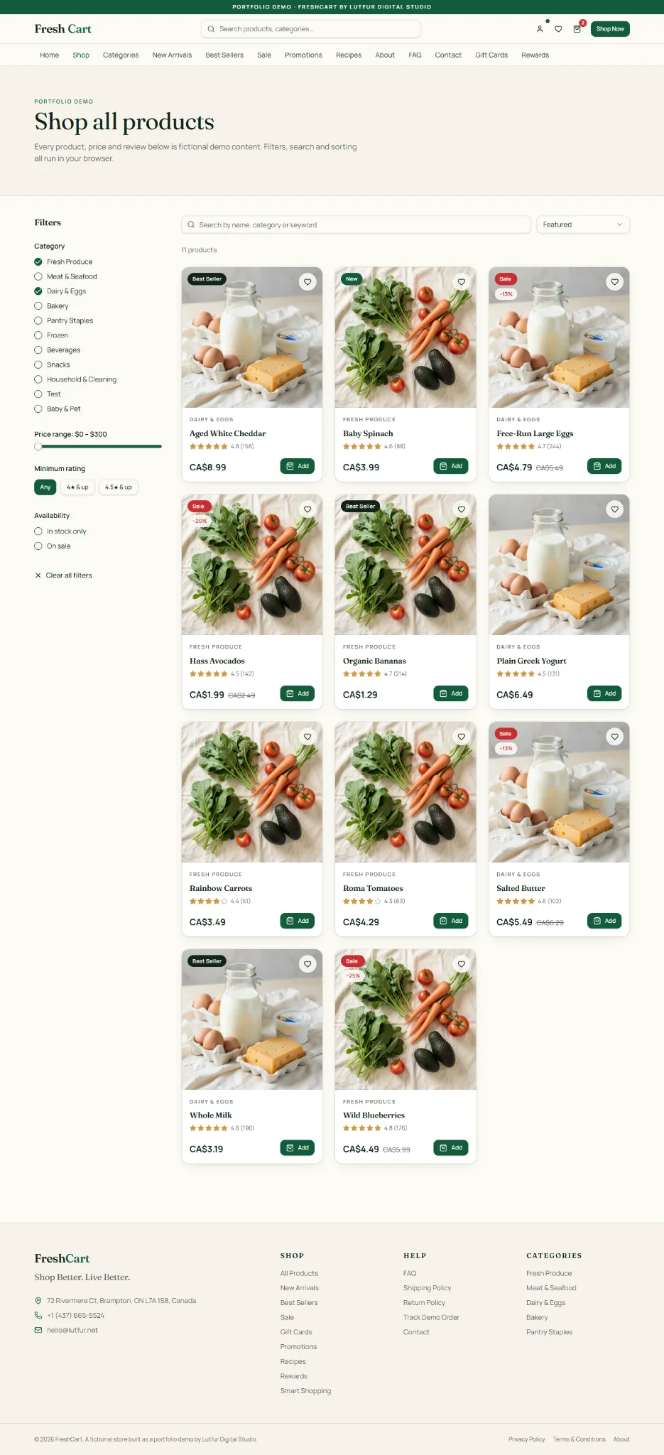 FreshCart shop product catalogue with filters