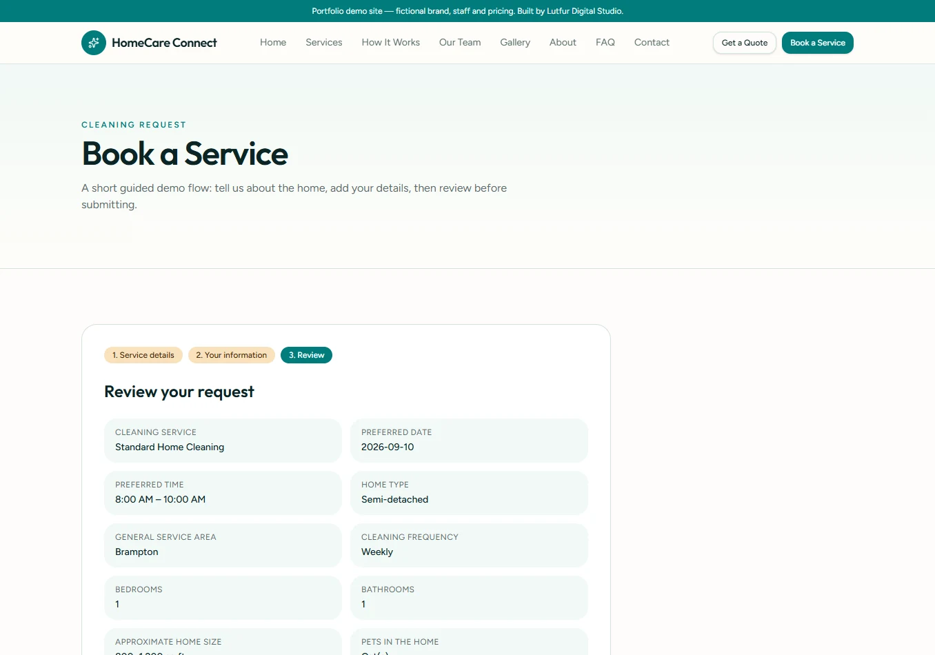HomeCare Connect request review screen