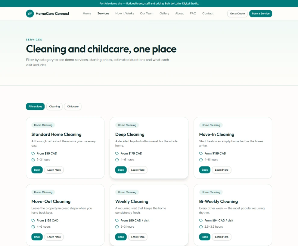 HomeCare Connect services catalogue page