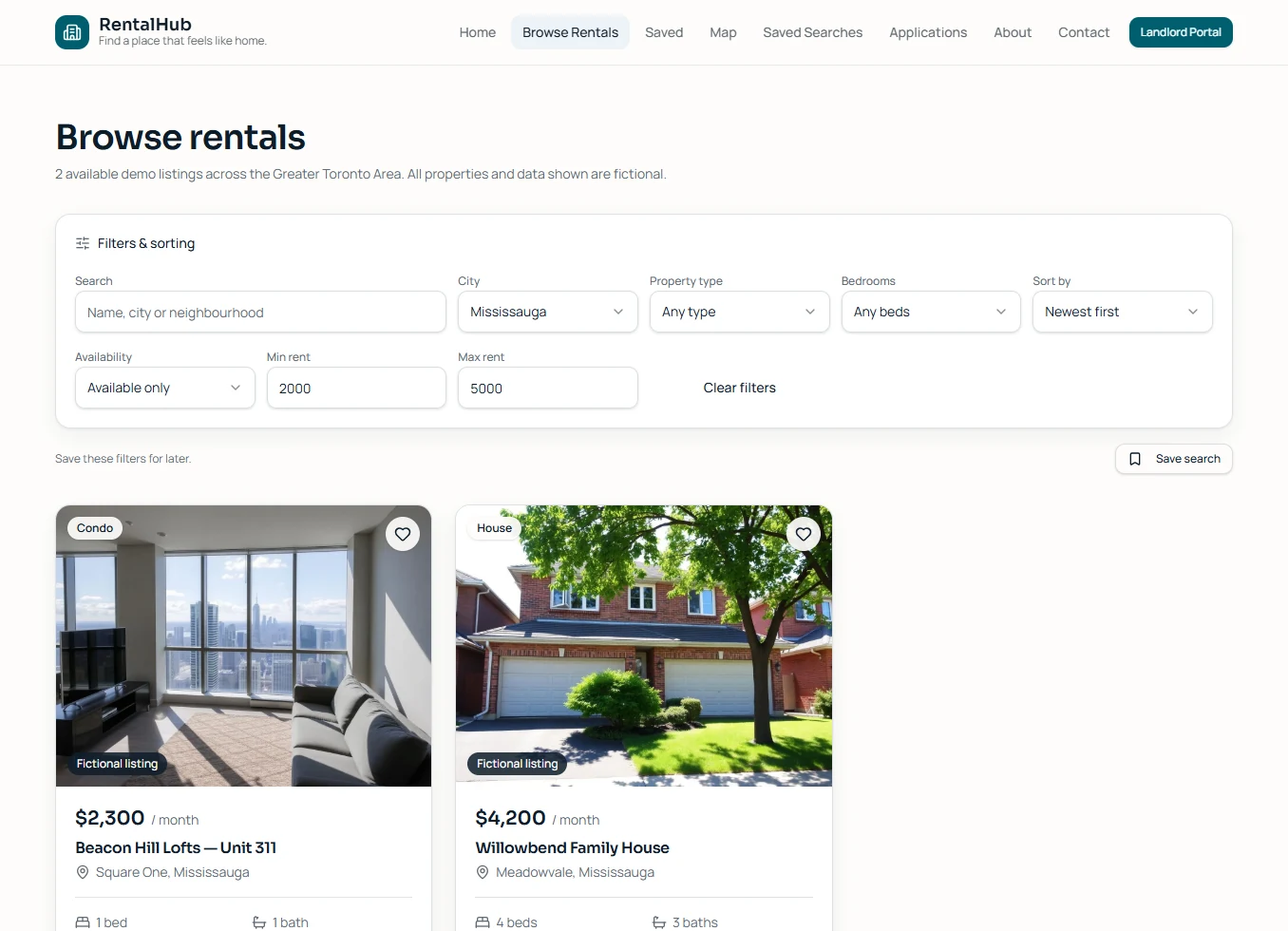 RentalHub browse rentals search and filters page