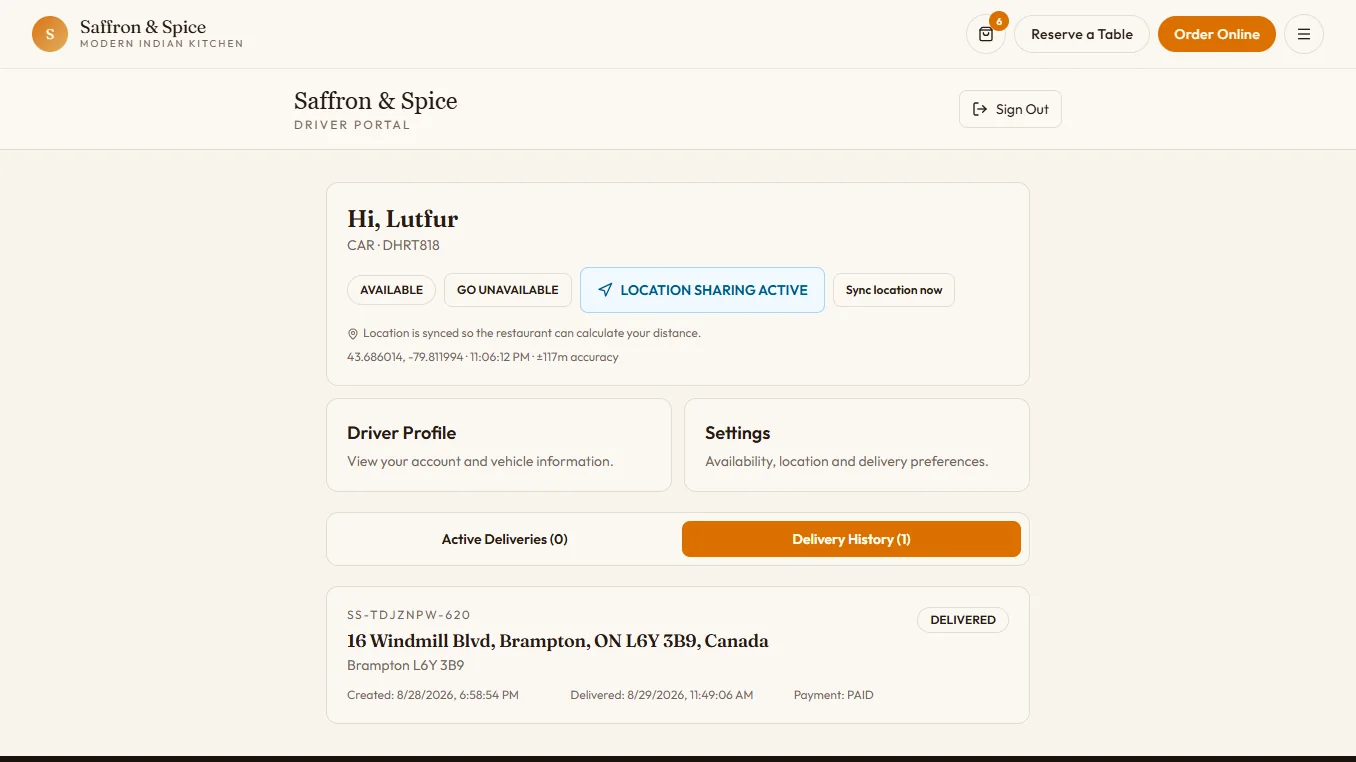 Saffron & Spice driver delivery portal