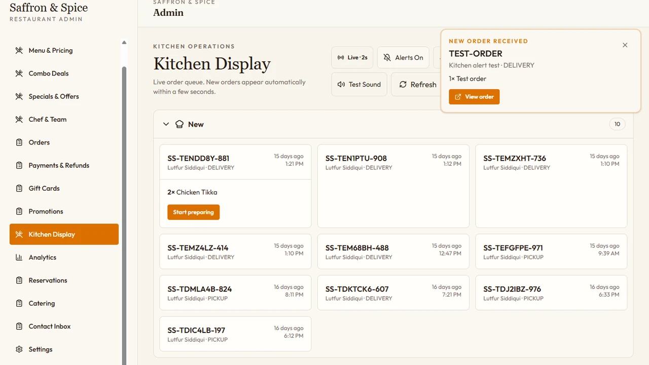 Saffron & Spice kitchen display operations screen