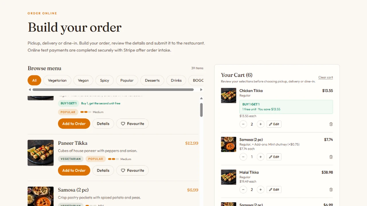 Saffron & Spice online ordering and checkout page