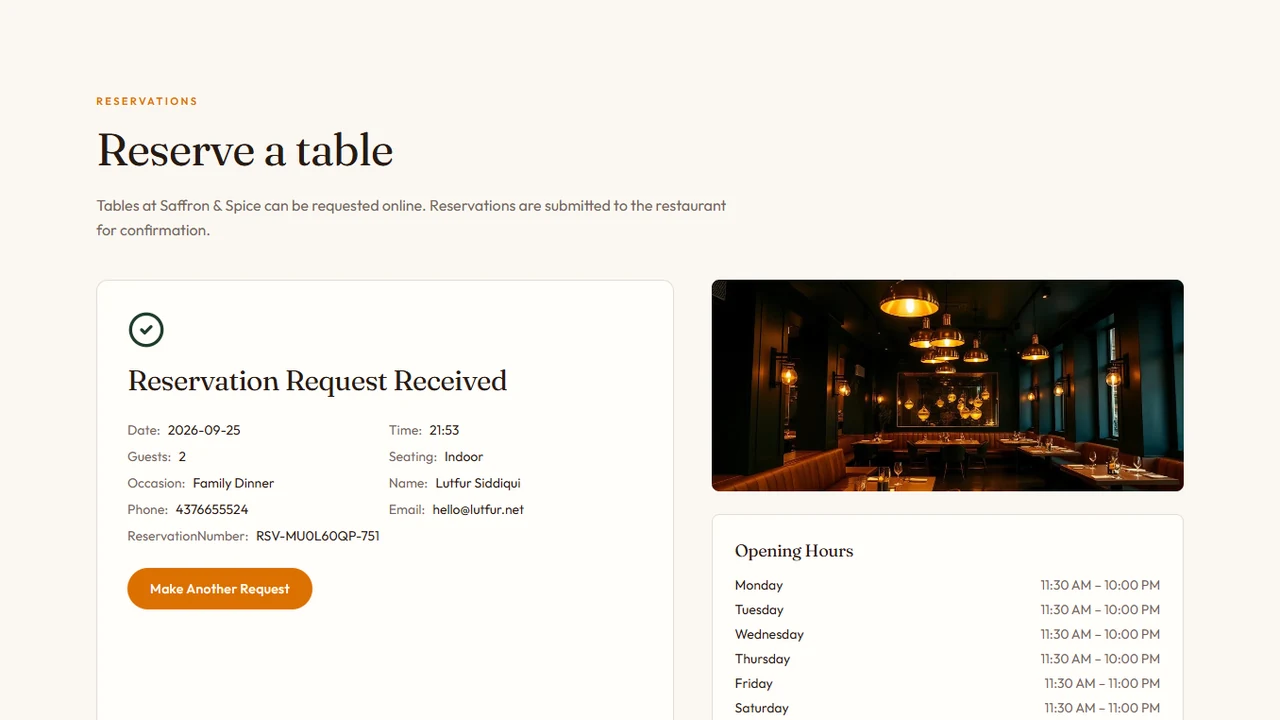 Saffron & Spice reservation request confirmation
