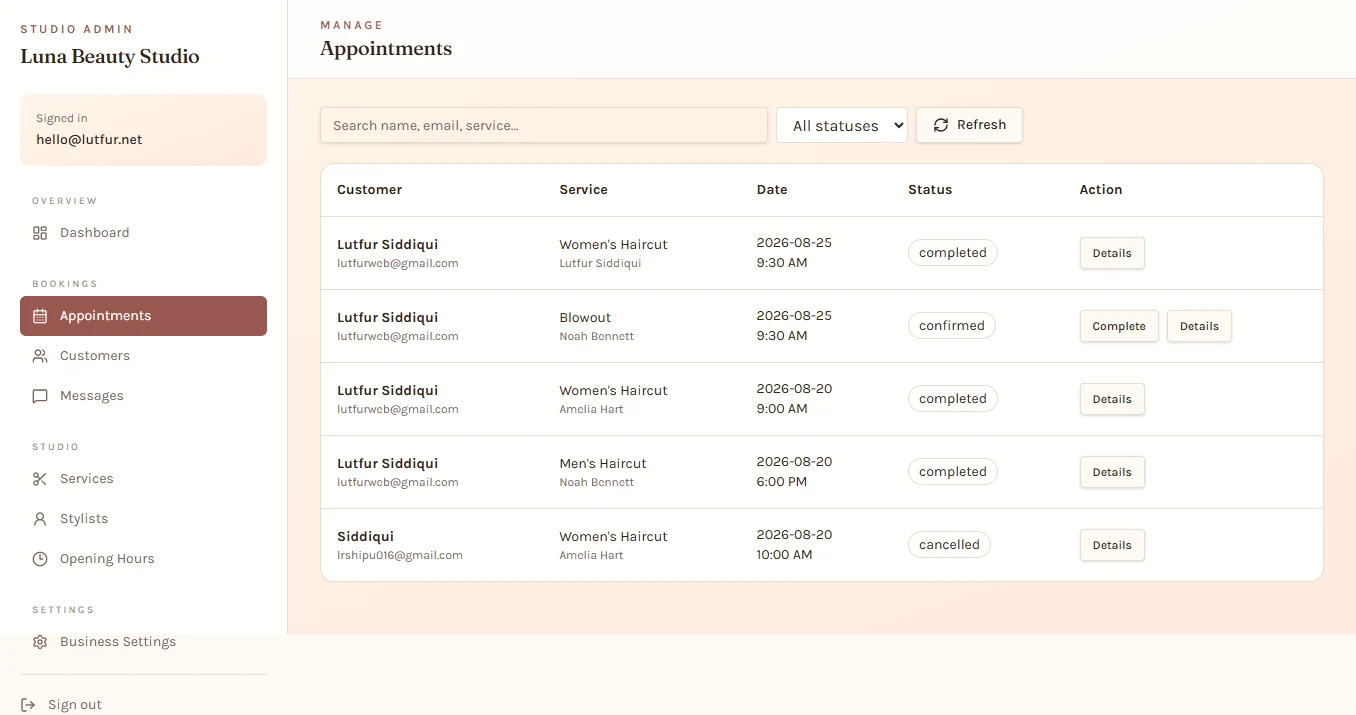 Luna Beauty Studio appointment management screen