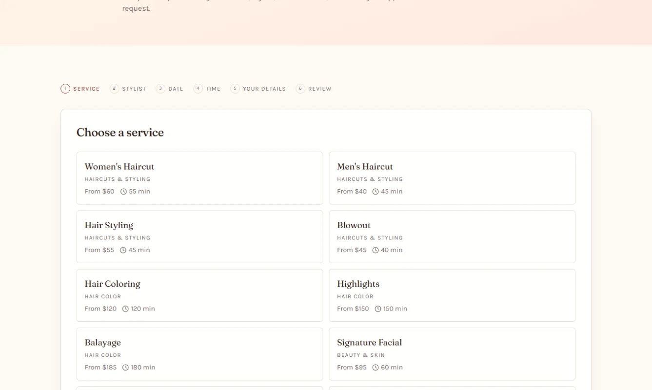 Luna Beauty Studio appointment booking service selection