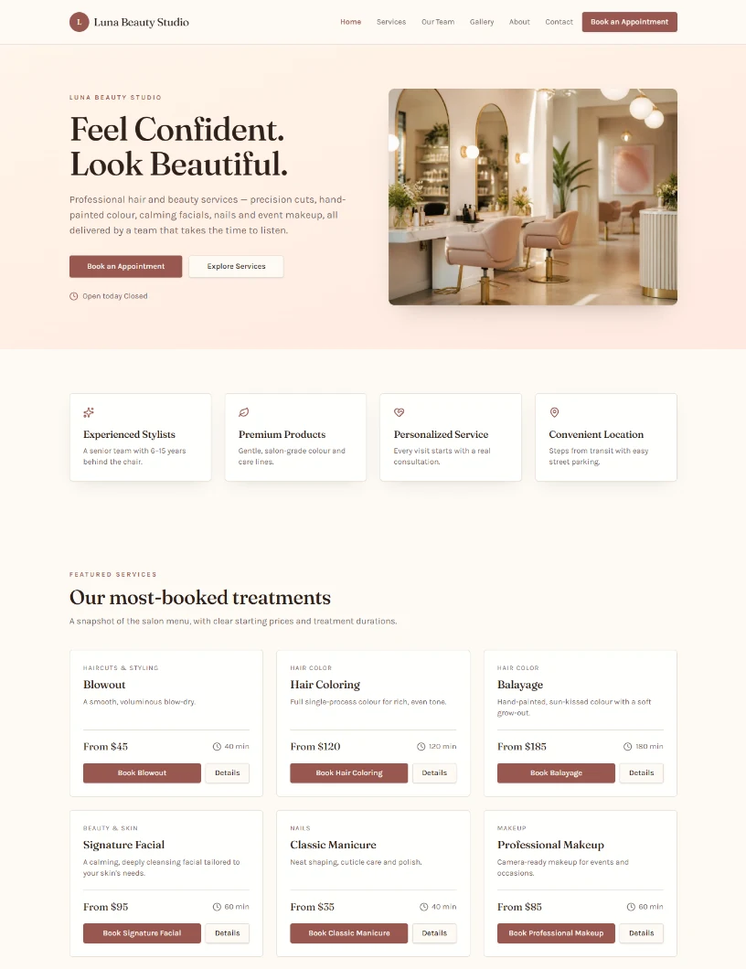 Luna Beauty Studio salon homepage