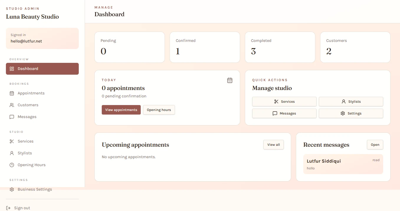 Luna Beauty Studio admin dashboard