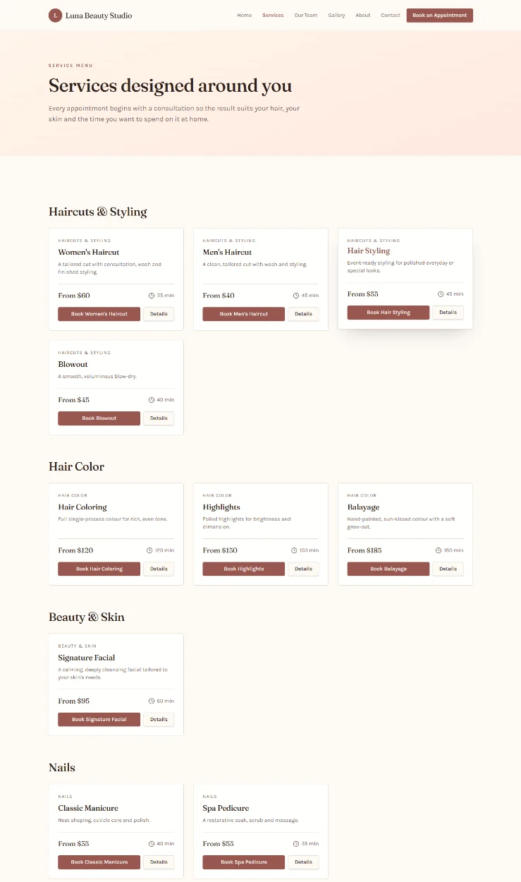 Luna Beauty Studio service menu